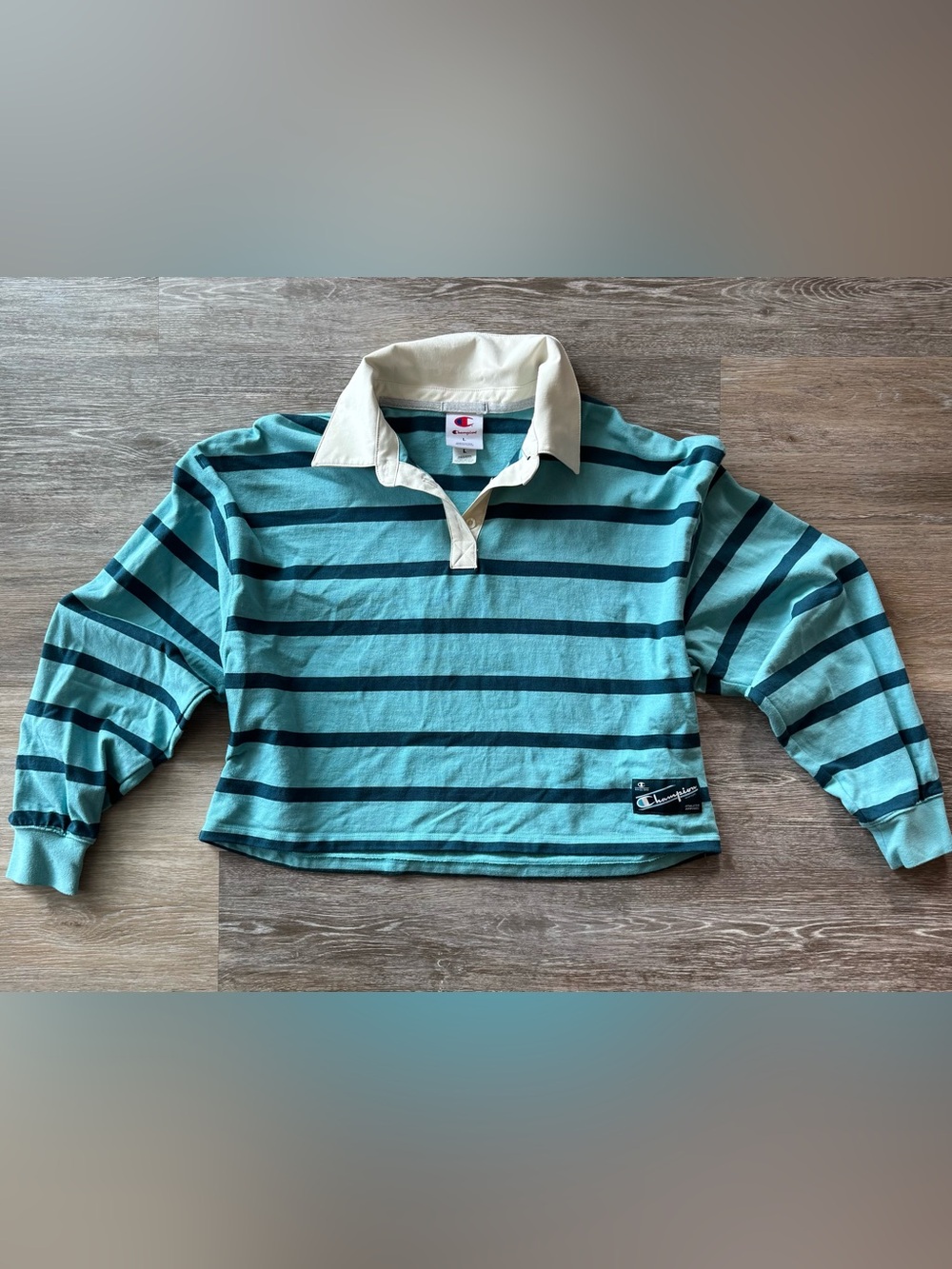 Champion Y2K Striped Rugby Polo Shirt L Turquoise Navy Retro Preppy